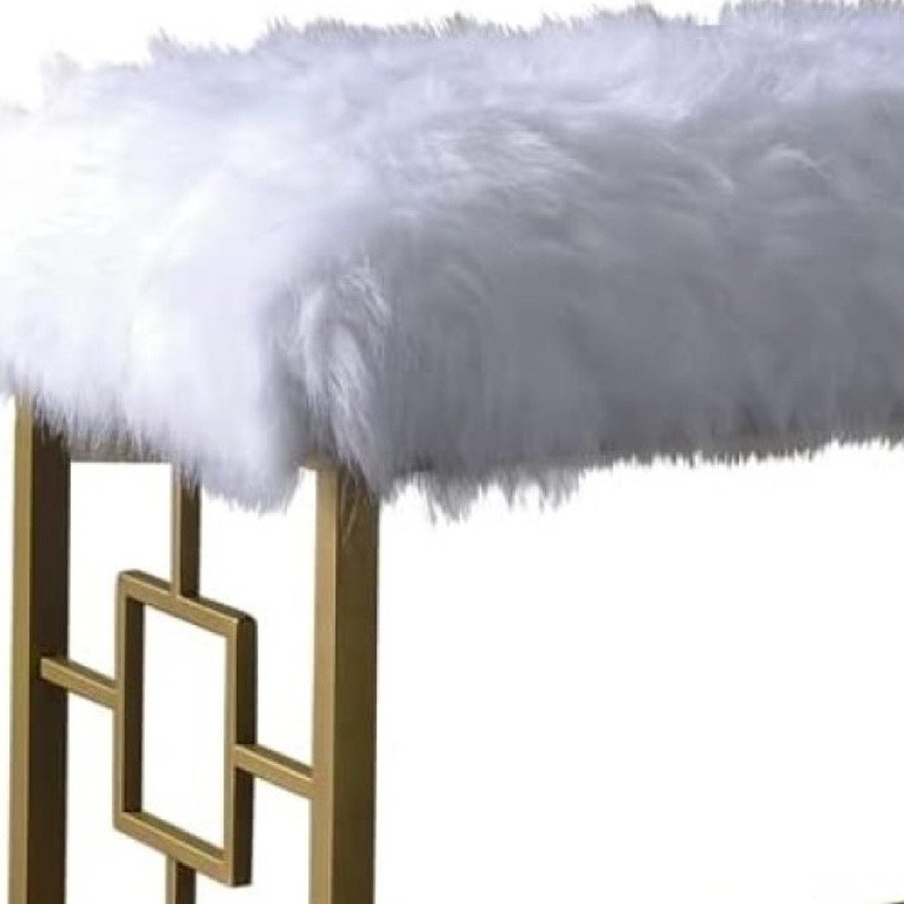 38" White And Gold Faux Fur And Metal Upholstered Bench