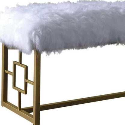 38" White And Gold Faux Fur And Metal Upholstered Bench