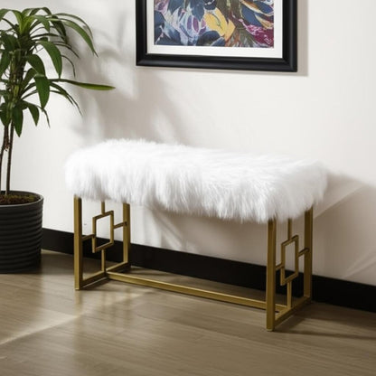 38" White And Gold Faux Fur And Metal Upholstered Bench