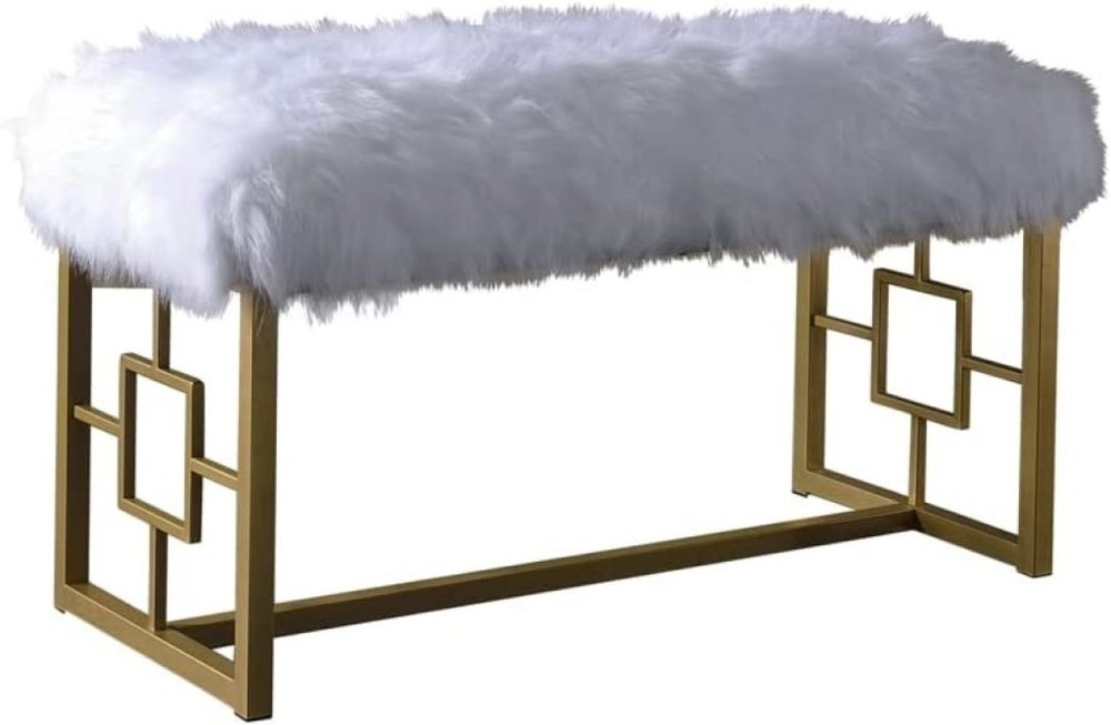 38" White And Gold Faux Fur And Metal Upholstered Bench