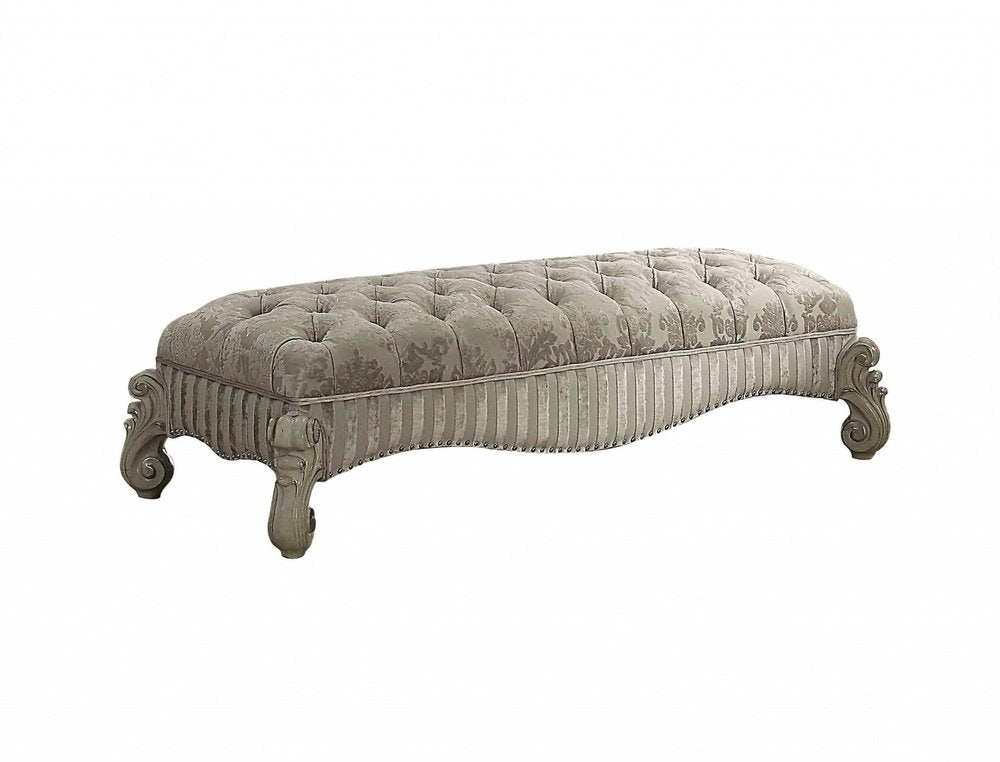 65" Ivory And Bone Tufted Damask Fabric And Polyresin Upholstered Bench