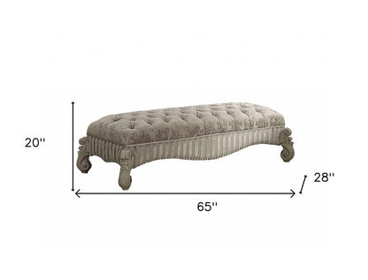 65" Ivory And Bone Tufted Damask Fabric And Polyresin Upholstered Bench