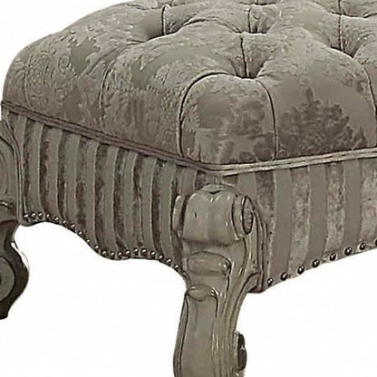 65" Ivory And Bone Tufted Damask Fabric And Polyresin Upholstered Bench