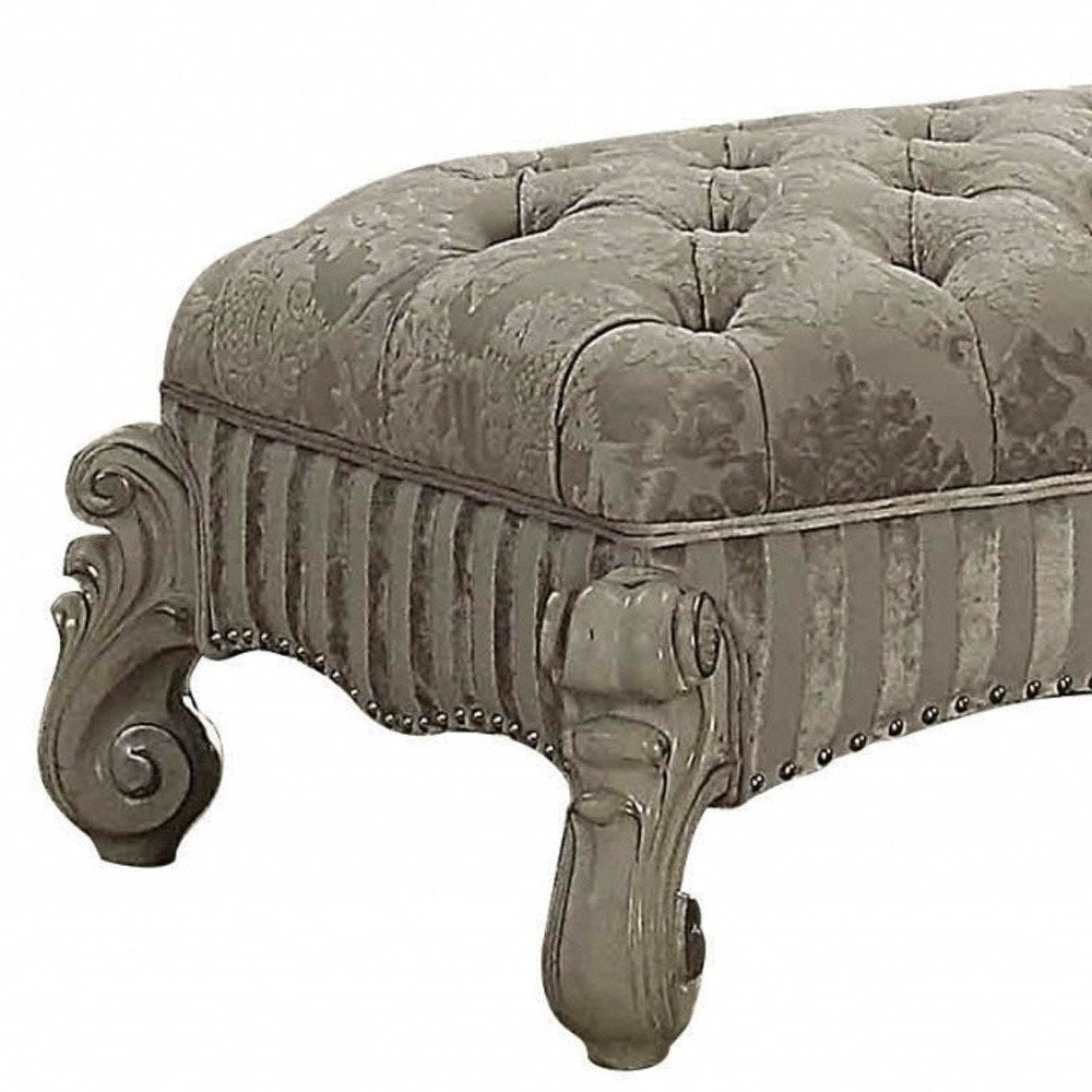 65" Ivory And Bone Tufted Damask Fabric And Polyresin Upholstered Bench