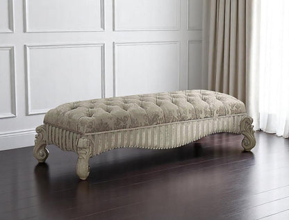 65" Ivory And Bone Tufted Damask Fabric And Polyresin Upholstered Bench