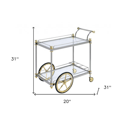 20" X 31" X 31" Silver Gold Clear Glass Metal Casters Serving Cart