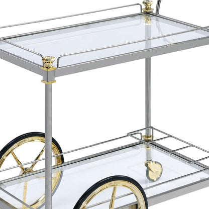 20" X 31" X 31" Silver Gold Clear Glass Metal Casters Serving Cart