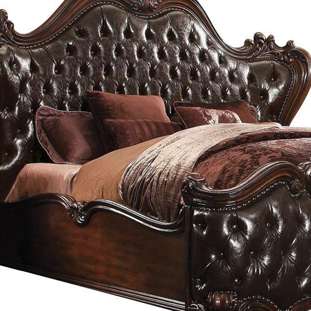 King Tufted Dark Brown Upholstered Faux Leather Bed With Nailhead Trim