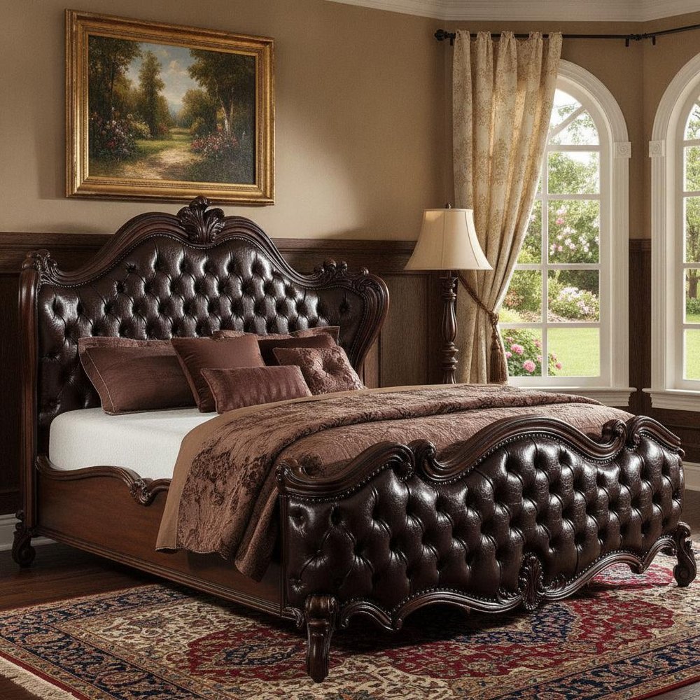 Dark Brown King Bed Frame with Nailhead Trim