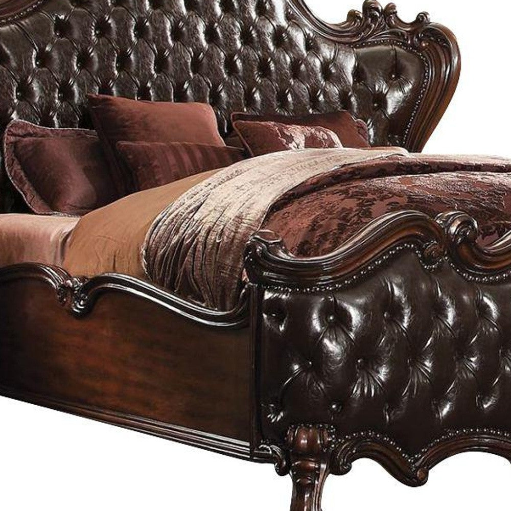 King Tufted Dark Brown Upholstered Faux Leather Bed With Nailhead Trim