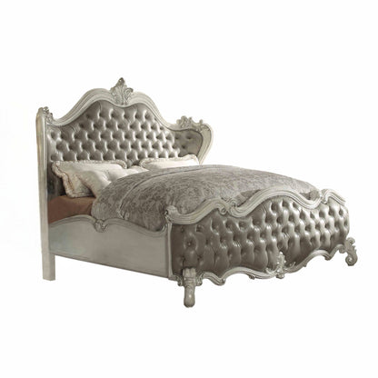 King Tufted Ivory And Gray Upholstered Faux Leather Bed With Nailhead Trim