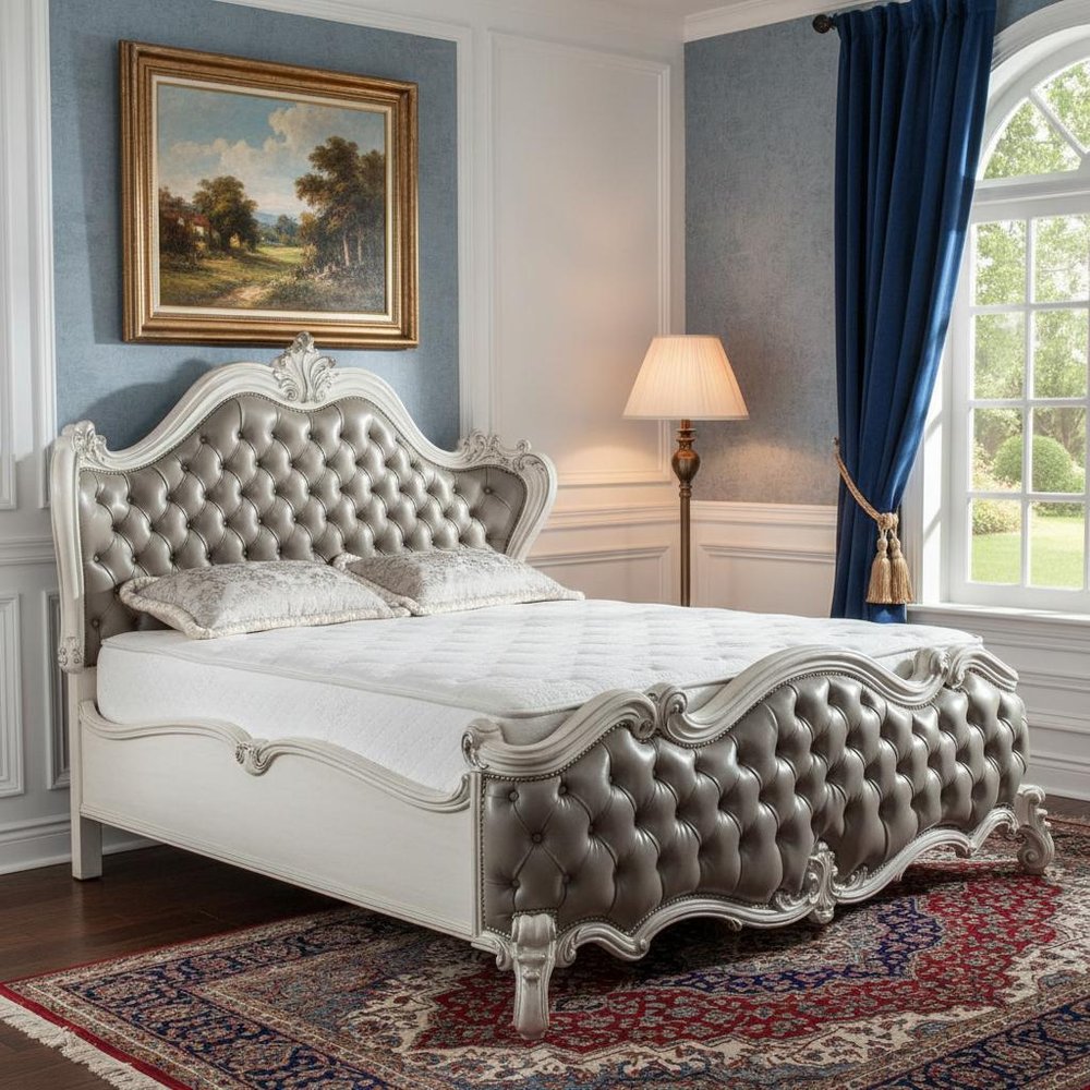 King Tufted Ivory And Gray Upholstered Faux Leather Bed With Nailhead Trim