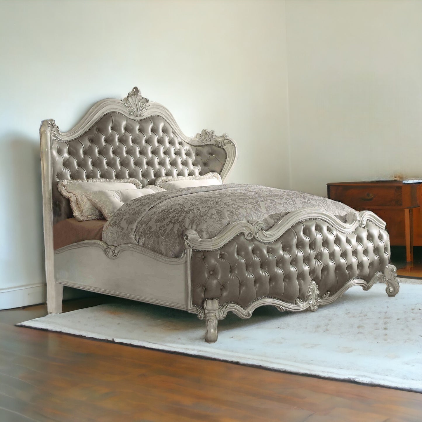 King Tufted Ivory And Gray Upholstered Faux Leather Bed With Nailhead Trim