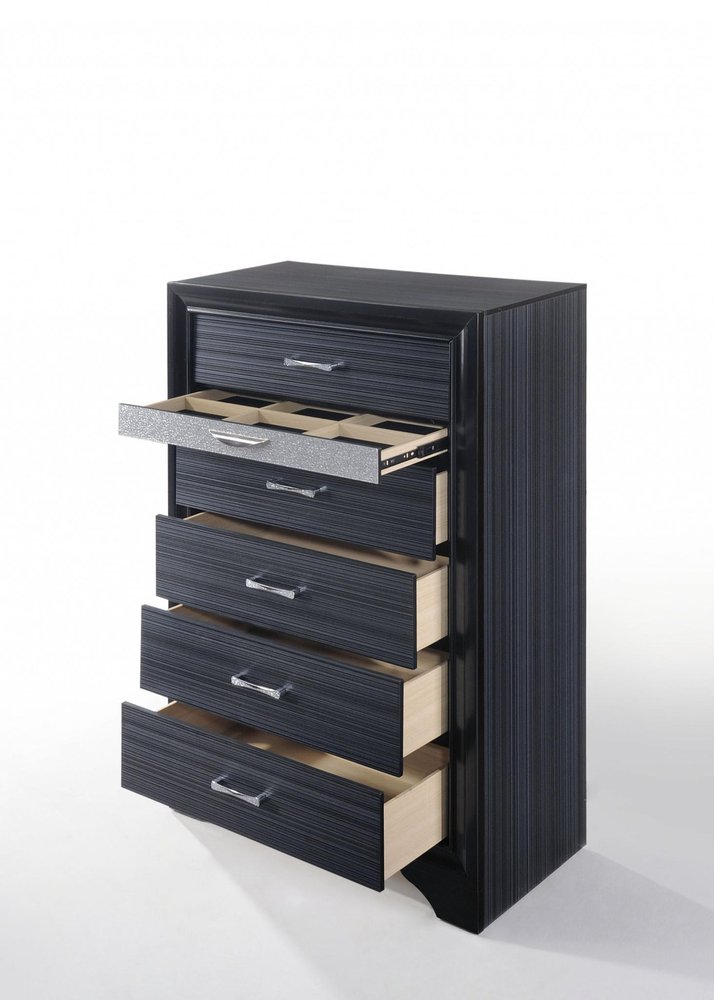 34" Black Faux Crystal Bling Solid Wood Six Drawer Dresser