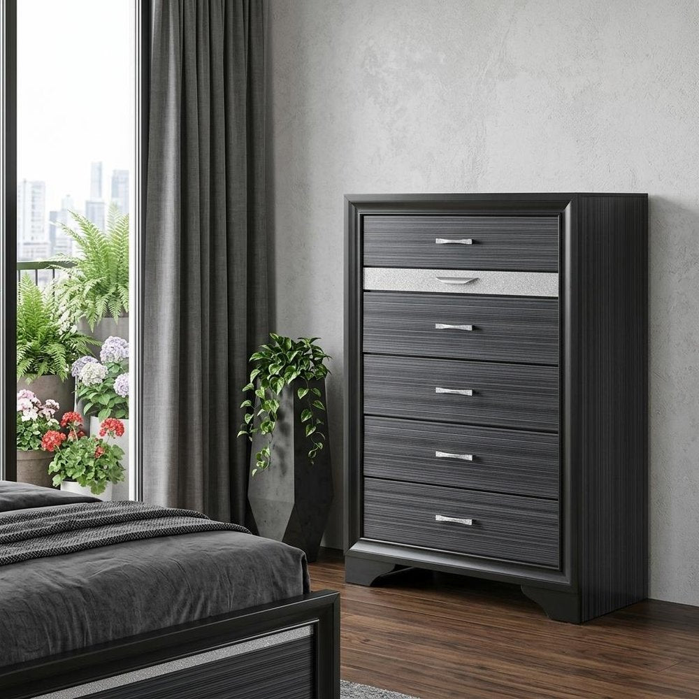 34" Black Solid Wood Six Drawer Chest