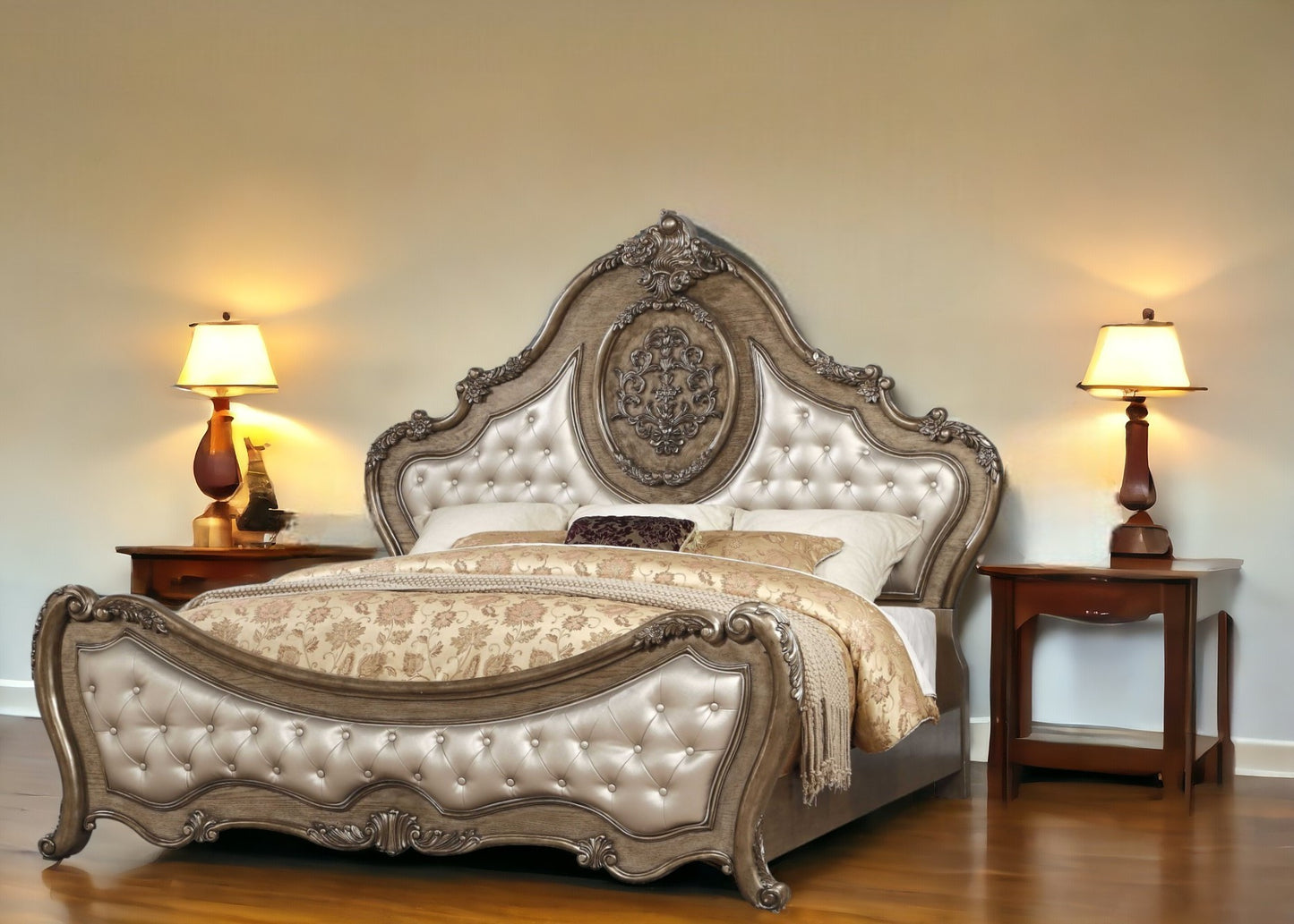 Queen Tufted Bronze Upholstered Faux Leather Bed With Nailhead Trim