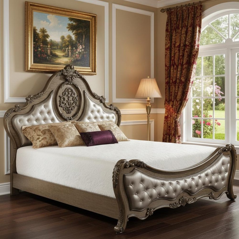 Queen Tufted Bronze Upholstered Faux Leather Bed With Nailhead Trim
