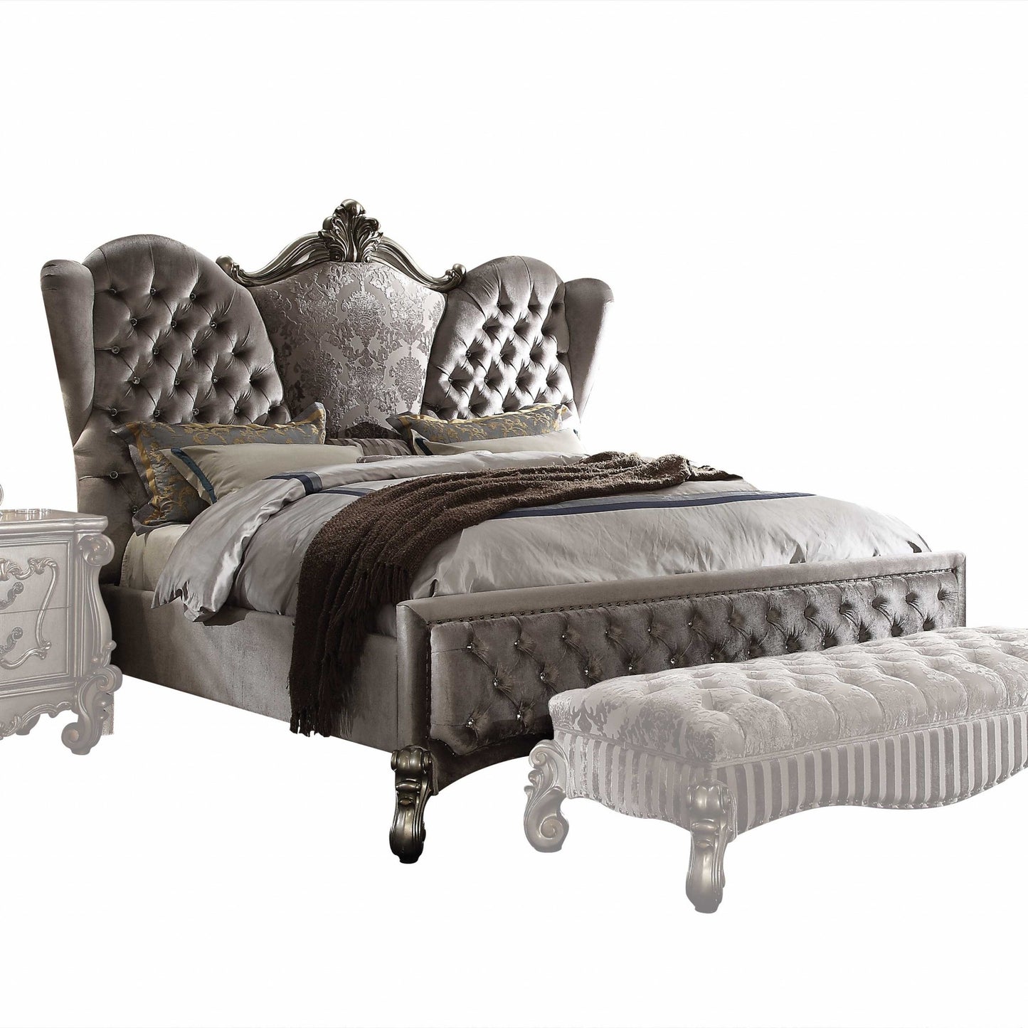 King Tufted Gray And Gray and Black Upholstered Velvet Bed With Nailhead Trim