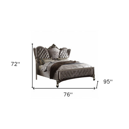 King Tufted Gray And Gray and Black Upholstered Velvet Bed With Nailhead Trim