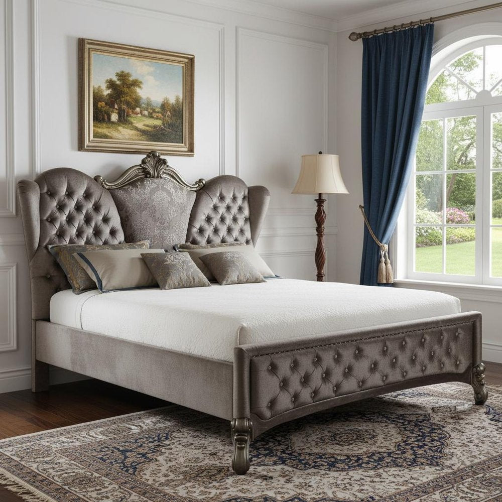 Gray Queen Tufted Upholstered Velvet Bed Frame with Nailhead Trim