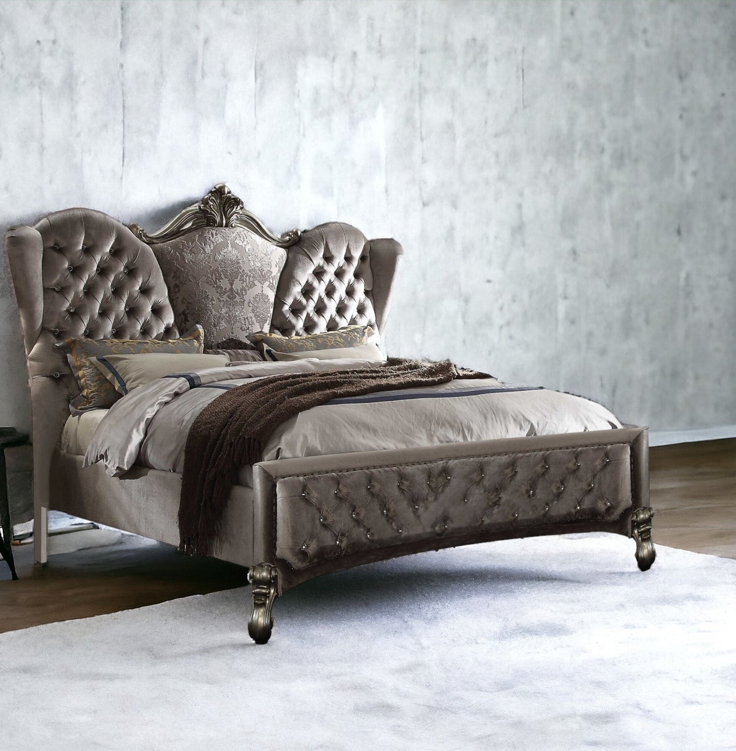 King Tufted Gray And Gray and Black Upholstered Velvet Bed With Nailhead Trim