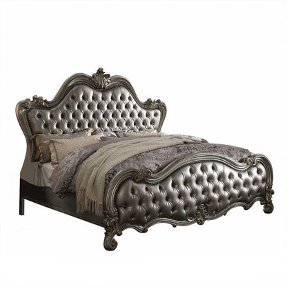 King Tufted Silver Upholstered Faux Leather Bed With Nailhead Trim