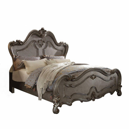 Gray Carved Scrollwork Wood Queen Bed Frame