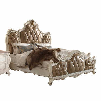 King Tufted Beige Upholstered Faux Leather Bed With Nailhead Trim