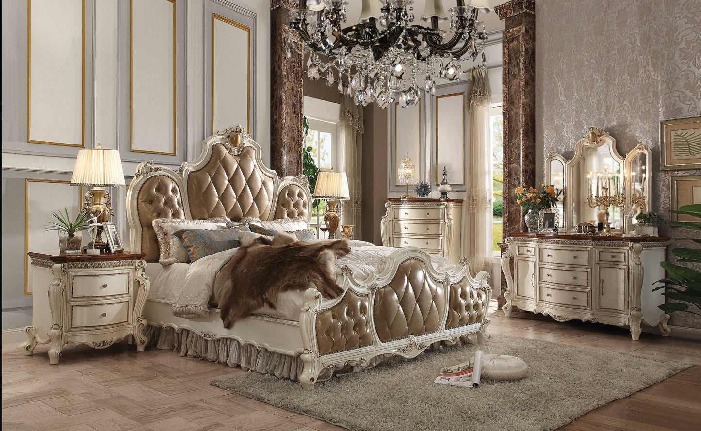 King Tufted Beige Upholstered Faux Leather Bed With Nailhead Trim