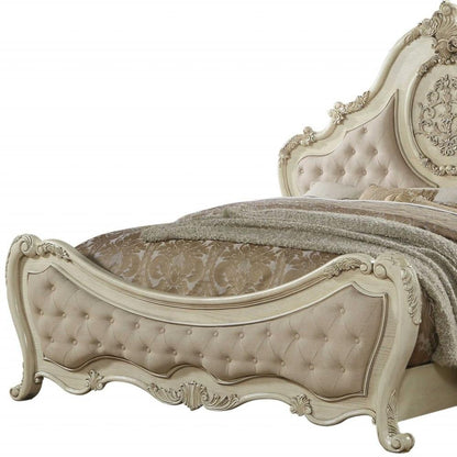 Beige Wood And Tufted Linen Queen Bed Frame With Nailhead Trim