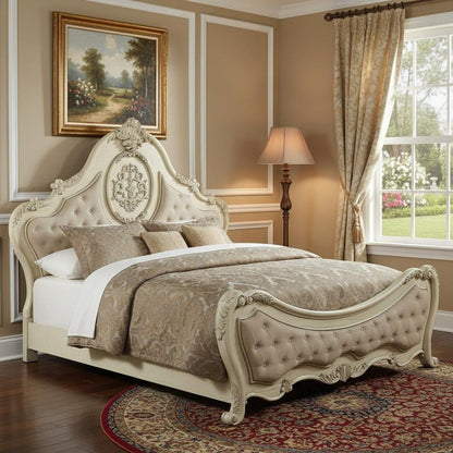 Beige Wood And Tufted Linen Queen Bed Frame With Nailhead Trim