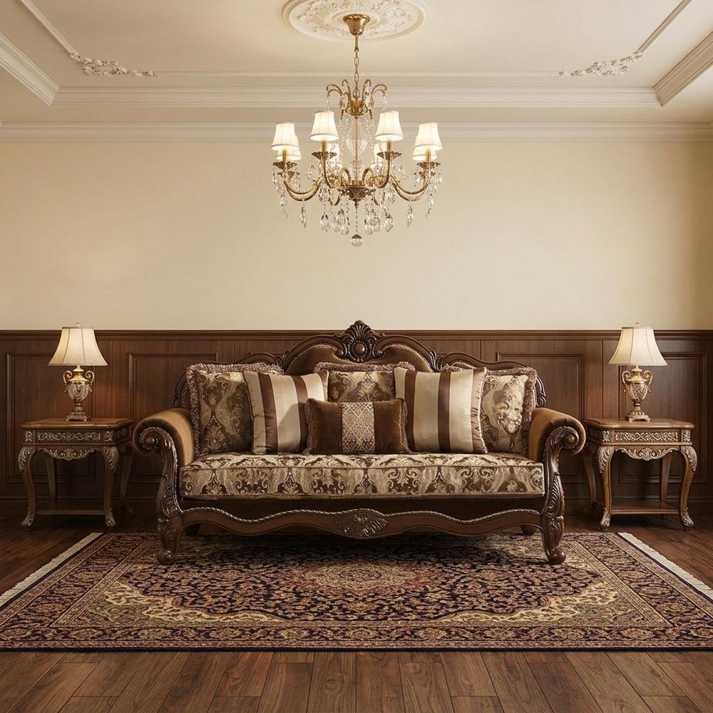 37" Oak Velvet Floral Sofa And Toss Pillows With Espresso Legs