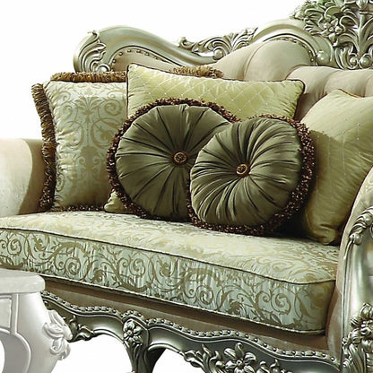 72" Green And Light Green Polyester Blend Damask Chesterfield Loveseat and Toss Pillows