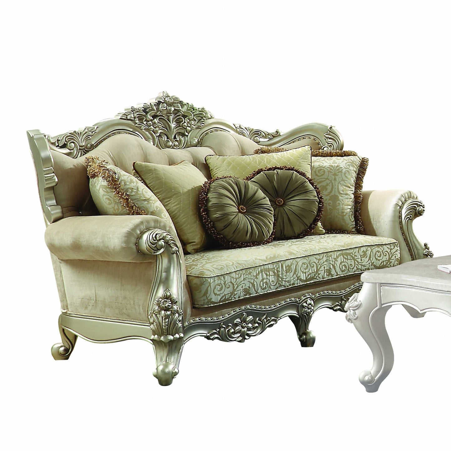 72" Green And Light Green Polyester Blend Damask Chesterfield Loveseat and Toss Pillows