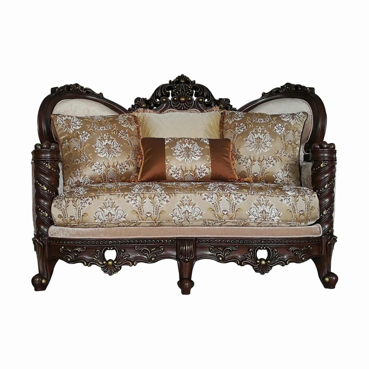 68" Cream And Brown Damask Chesterfield Loveseat and Toss Pillows