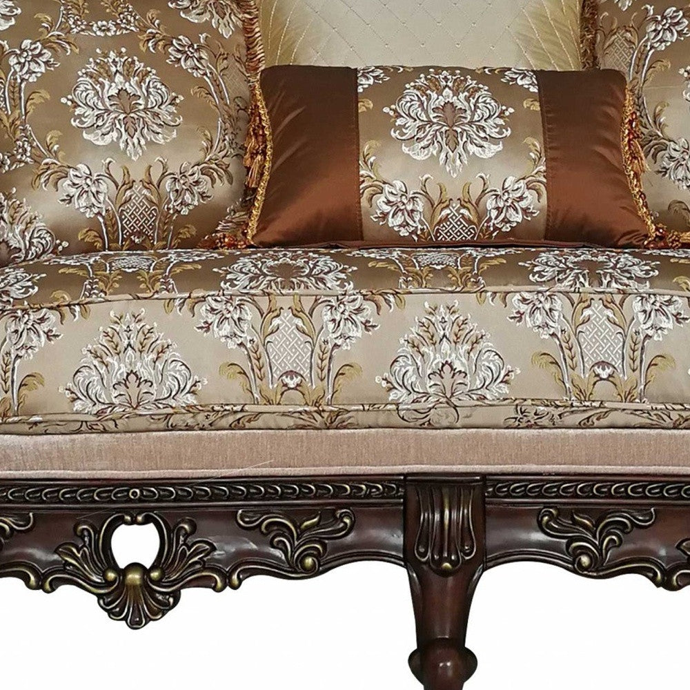 68" Cream And Brown Damask Chesterfield Loveseat and Toss Pillows