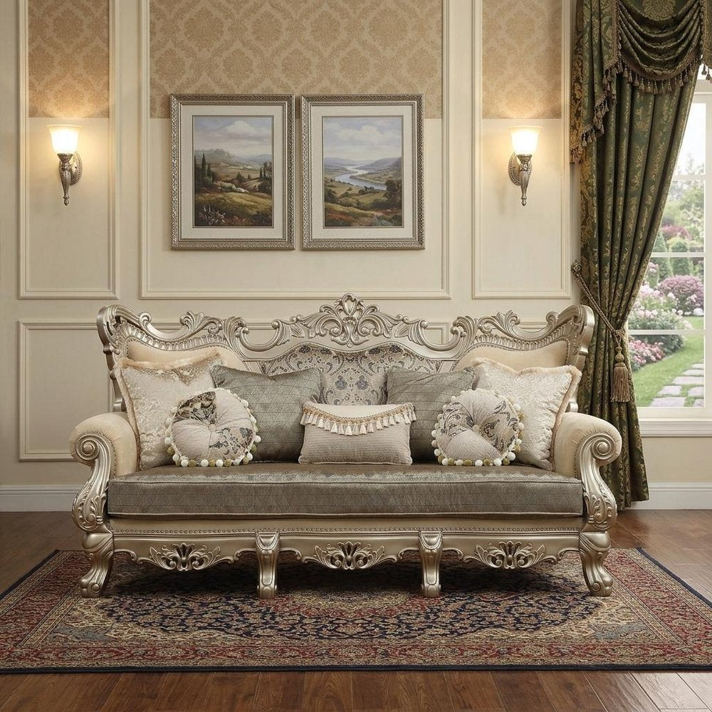 41" Champagne Cotton Blend Curved Floral Sofa And Toss Pillows
