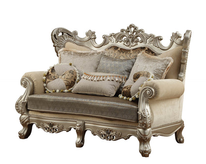 72" Cream And Platinum Damask Chesterfield Loveseat and Toss Pillows