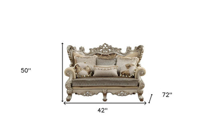 72" Cream And Platinum Damask Chesterfield Loveseat and Toss Pillows