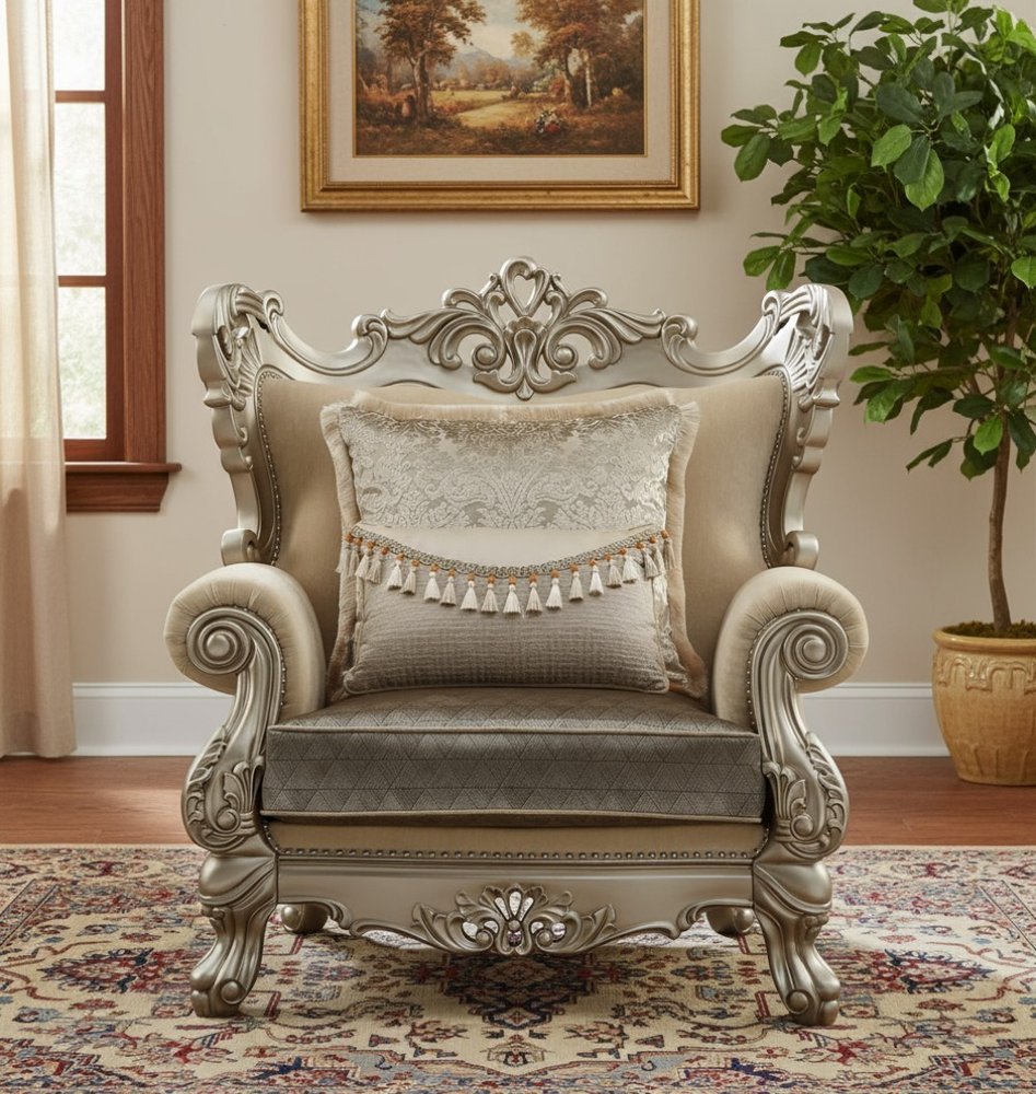 47" Beige Green and Champagne Fabric Geometric Arm Chair And Toss Pillow