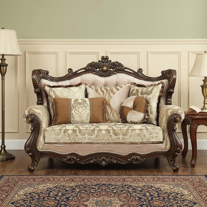 70" Beige and Brown And Brown Damask Loveseat and Toss Pillows