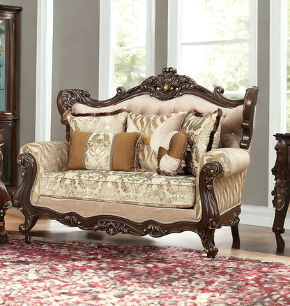 70" Beige and Brown And Brown Damask Loveseat and Toss Pillows