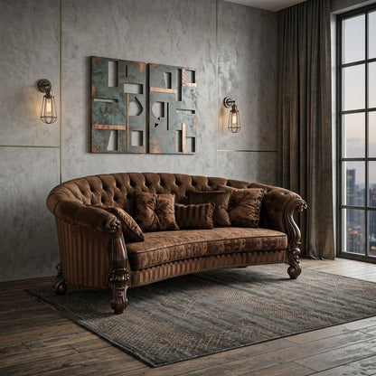 55" Brown Velvet Curved Sofa And Toss Pillows