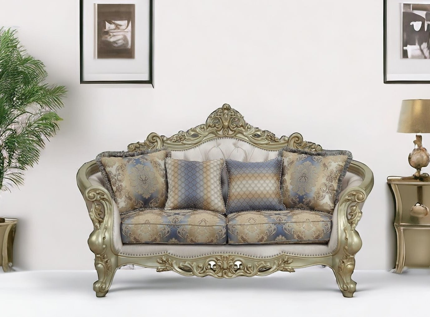 78" Gold Floral Loveseat and Toss Pillows