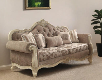 35" Brown Velvet Floral Sofa And Toss Pillows