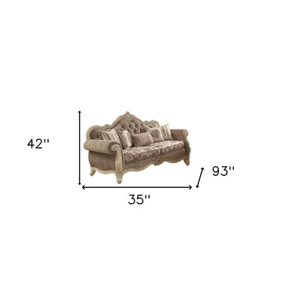 35" Brown Velvet Floral Sofa And Toss Pillows