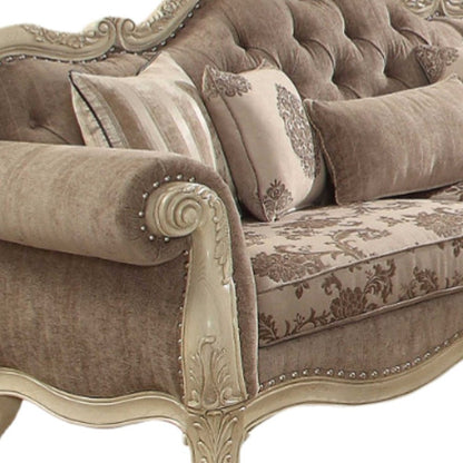 35" Brown Velvet Floral Sofa And Toss Pillows