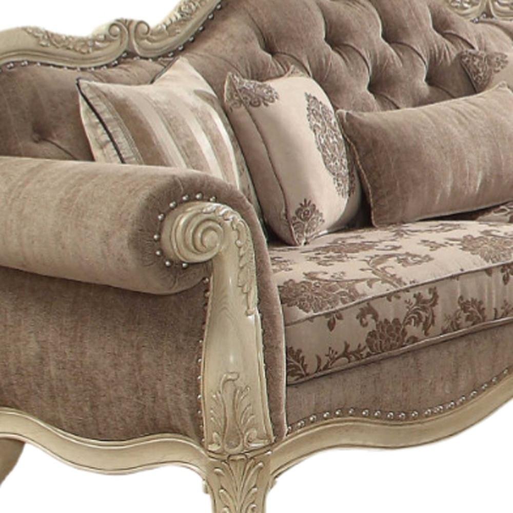 35" Brown Velvet Floral Sofa And Toss Pillows