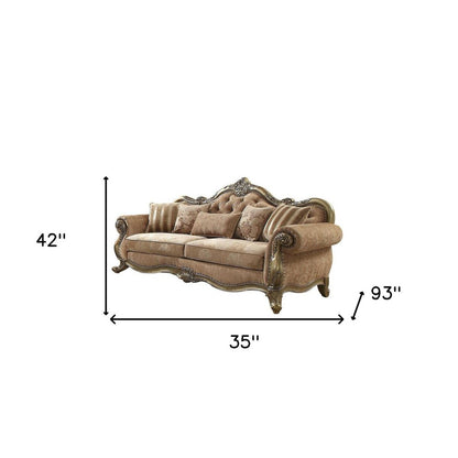 35" Brown Velvet Floral Sofa And Toss Pillows