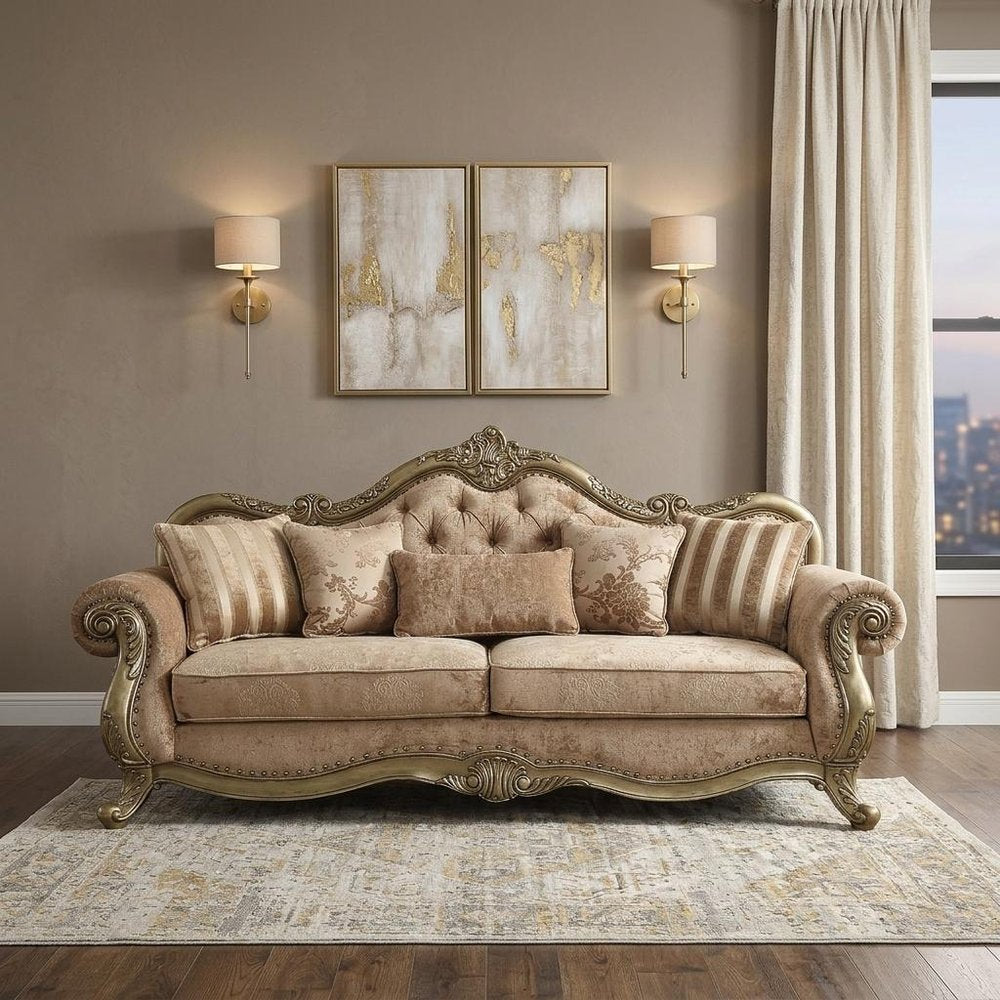 35" Gray Velvet Floral Sofa And Toss Pillows With Beige Legs